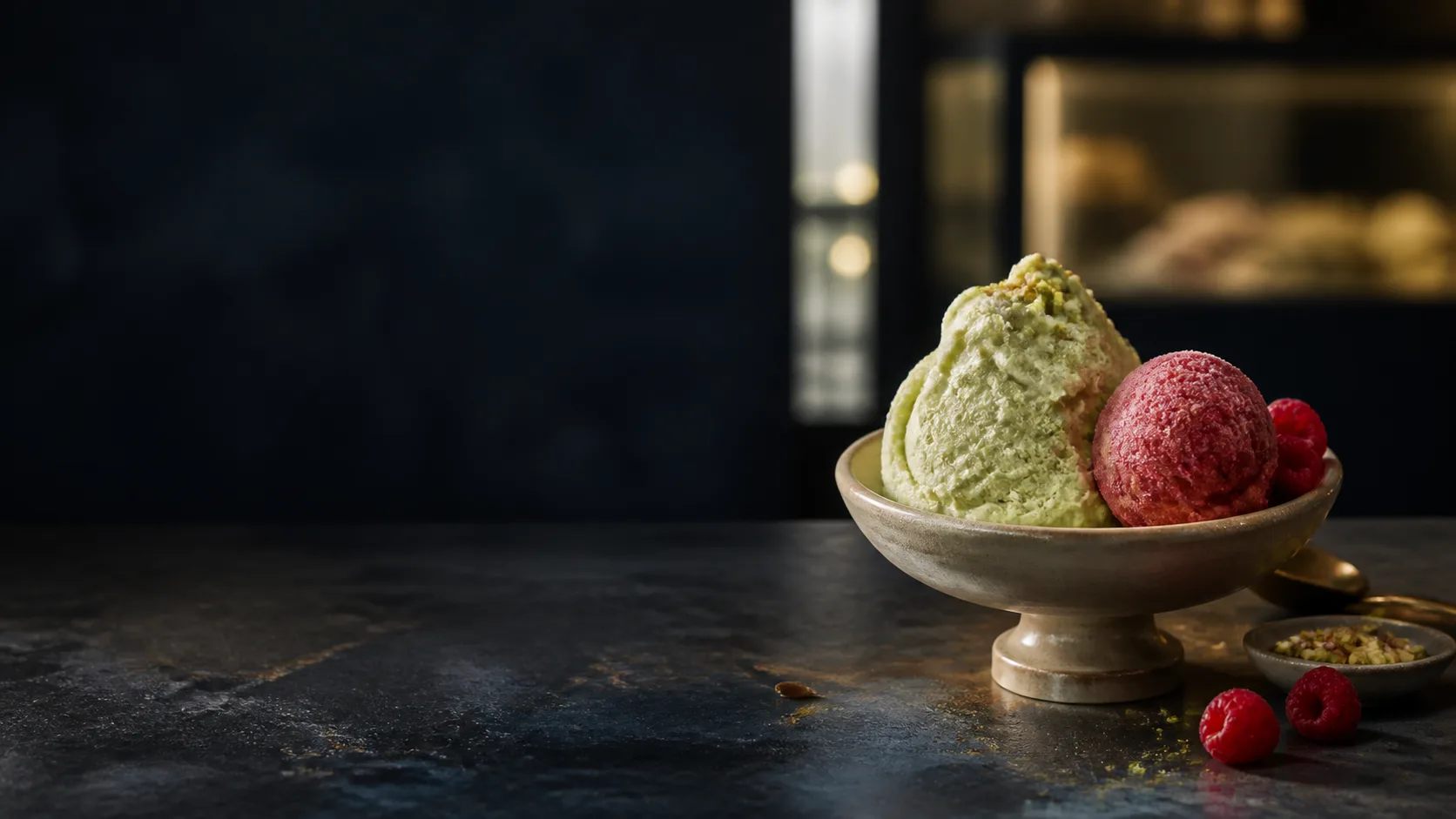 Gelato artizanal cu fistic și zmeură